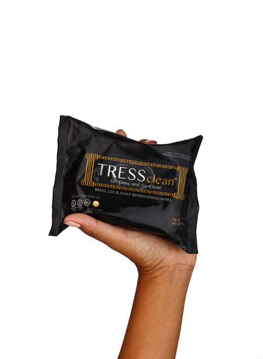 Tress clean braid, loc & Scalp refreshening wipes to clean hair.  Rinse free shampoo wipes for braids, locs & Scalp.  How to clean braids.  How to detox locs at home.